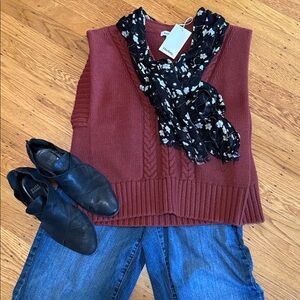 Darling, Cable Knit V-Neck Sweater Vest — Burgundy/Brown